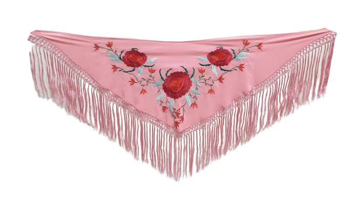 Pink Embroidered Small Shawl with 3 Large Red Roses
